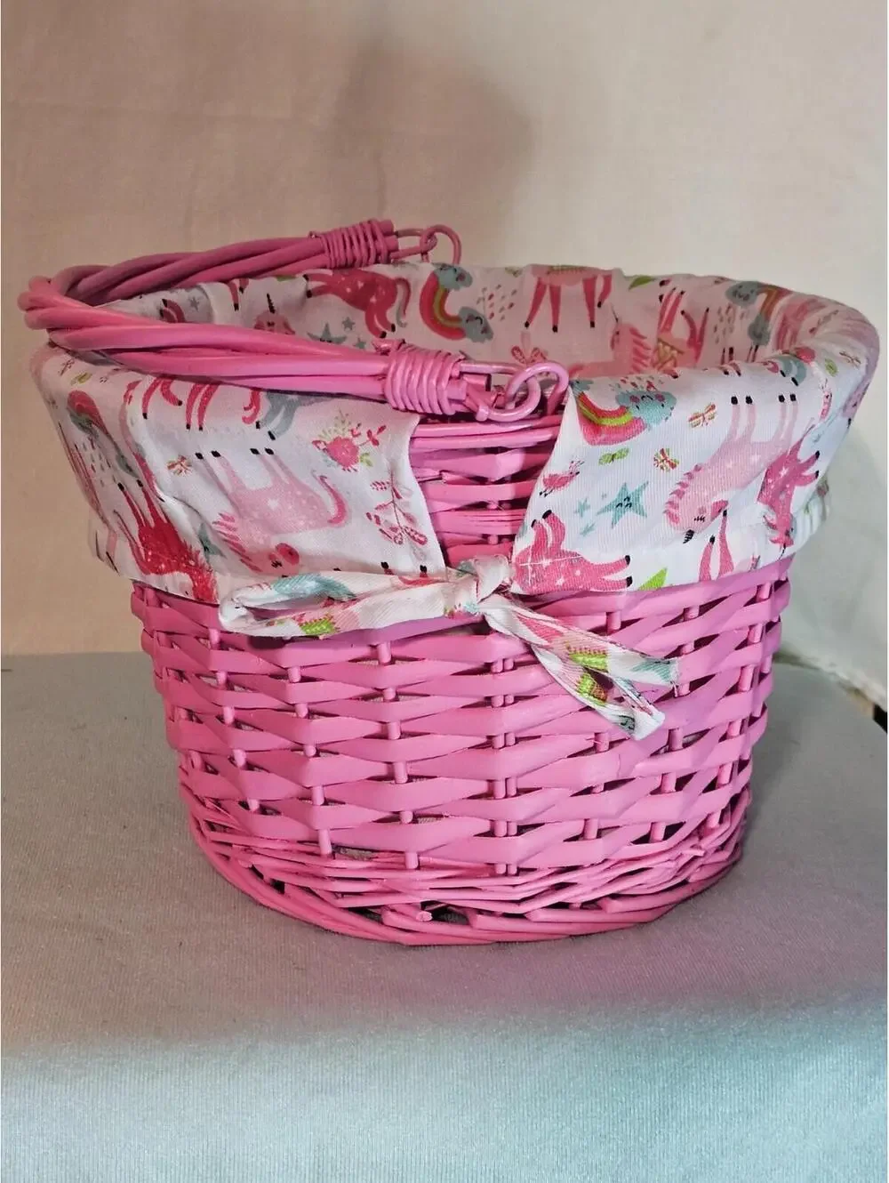 Pink Wicker Basket with Unicorn Liner – Kids, Easter, Gift, Storage